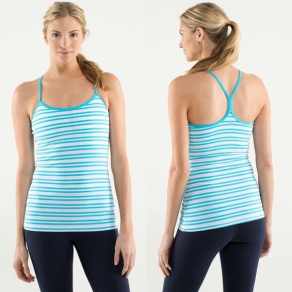 Lululemon Power Y Tank Luon Light Blue Stripe Size 4 Shelf Bra Racerback - Picture 1 of 8